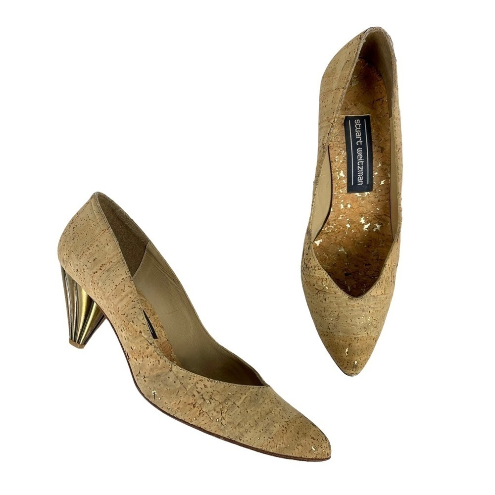 STUART WEITZMAN VINTAGE CORK V CLEAVAGE LEATHER SOLE SCULPTURAL HEEL PUMP HEELS